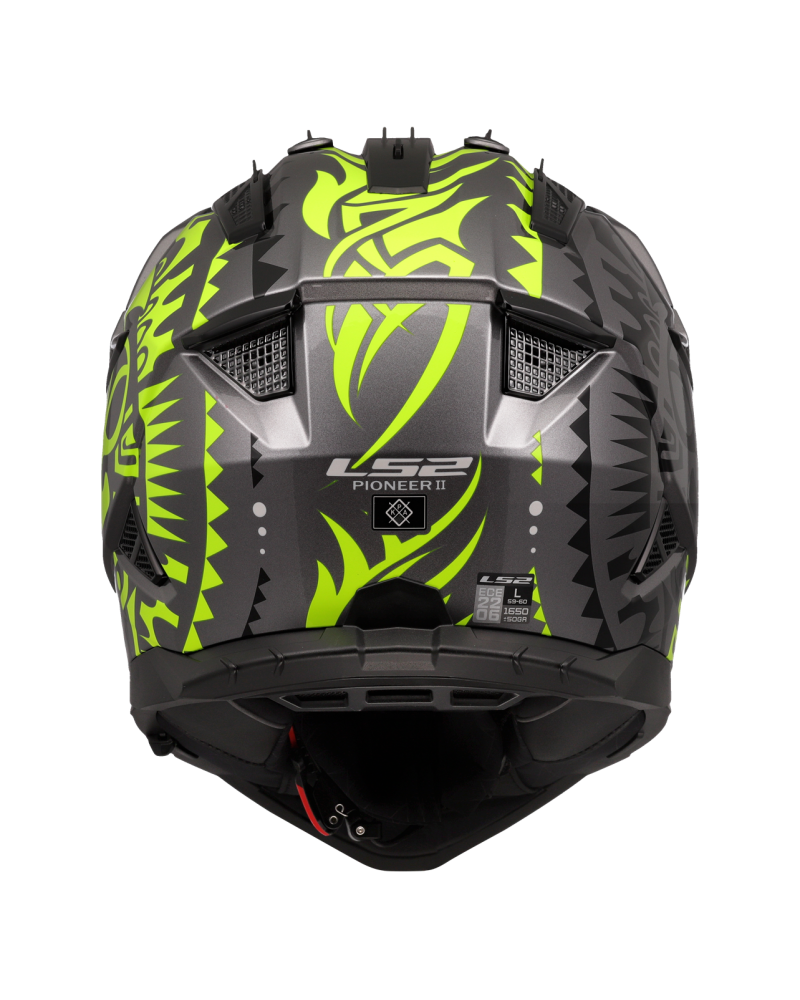 Load image into Gallery viewer, Detalhe do design – capacete motocross LS2 MX702 Pioneer II Rangi Amarelo Hi-Vision Cinza
