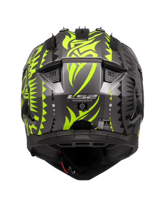 Detalhe do design – capacete motocross LS2 MX702 Pioneer II Rangi Amarelo Hi-Vision Cinza