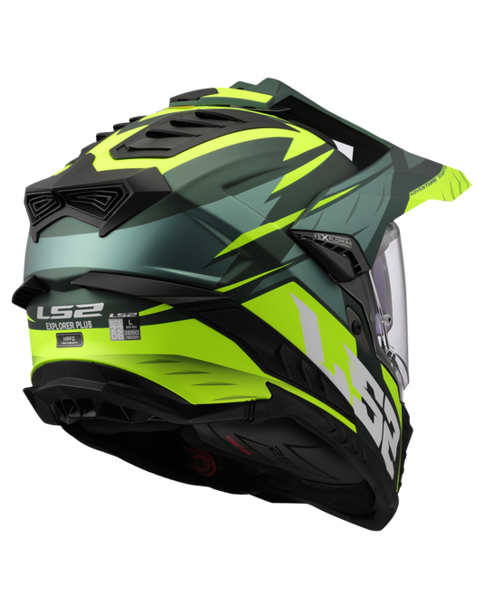Capacete enduro LS2 MX701 Explorer Spire Verde Mate Amarelo Hi-Vision – detalhe do design