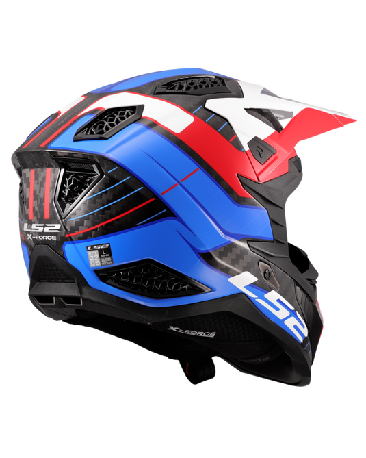 Capacete motocross LS2 MX703 X-Force C Galuo Branco Vermelho Azul – detalhe gráfico