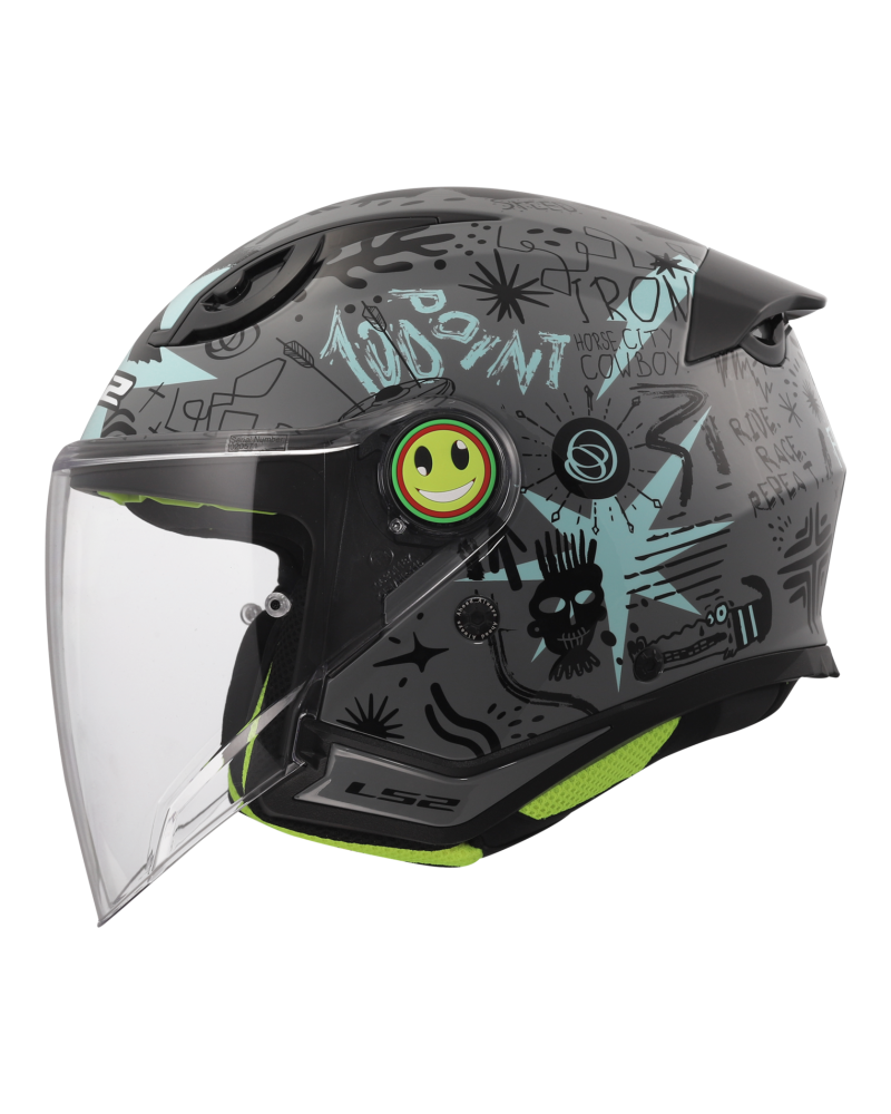 Load image into Gallery viewer, Viseira integrada – capacete jet infantil LS2 OF622 Funny II Scribble Cinza Azul
