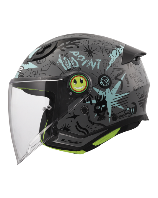 Viseira integrada – capacete jet infantil LS2 OF622 Funny II Scribble Cinza Azul