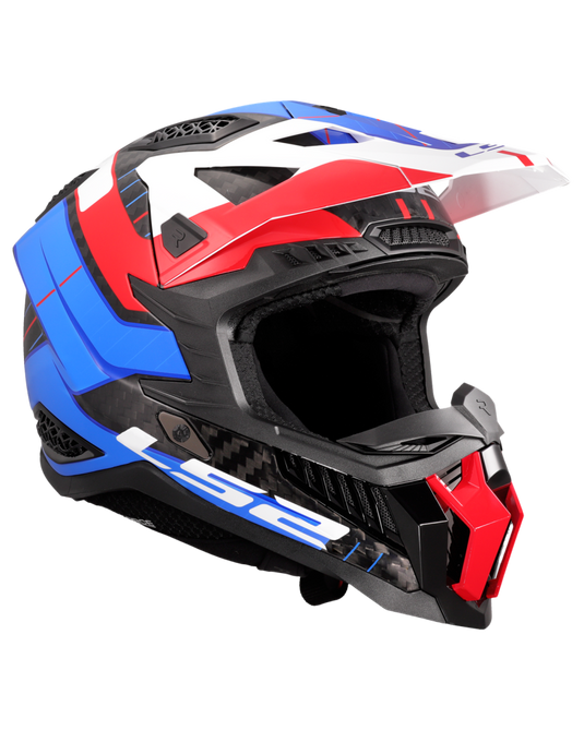 Fecho duplo D – capacete motocross LS2 MX703 X-Force C Galuo Branco Vermelho Azul