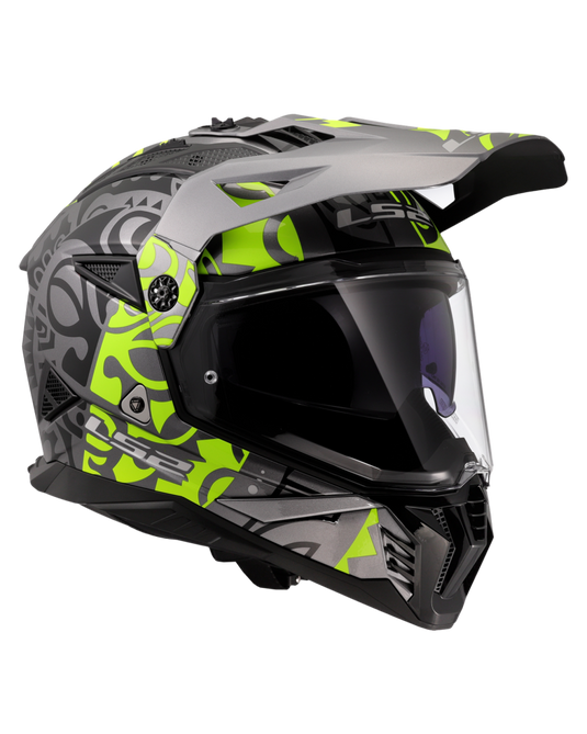 Fecho duplo D – capacete motocross LS2 MX702 Pioneer II Rangi Amarelo Hi-Vision Cinza