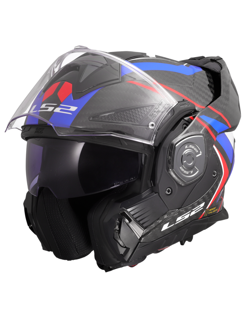 Load image into Gallery viewer, Capacete modular LS2 FF901 Advant-X C Future II Branco Azul Vermelho – detalhe gráfico
