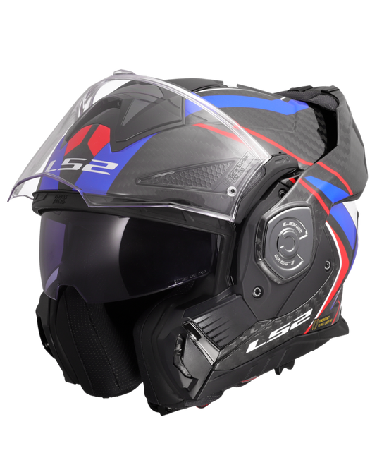 Capacete modular LS2 FF901 Advant-X C Future II Branco Azul Vermelho – detalhe gráfico