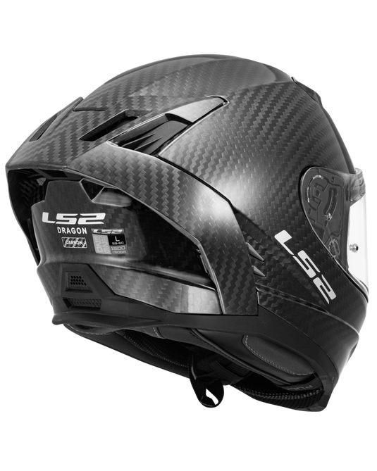 Capacete LS2 FF807 Dragon Carbon – detalhe do acabamento em fibra de carbono mate