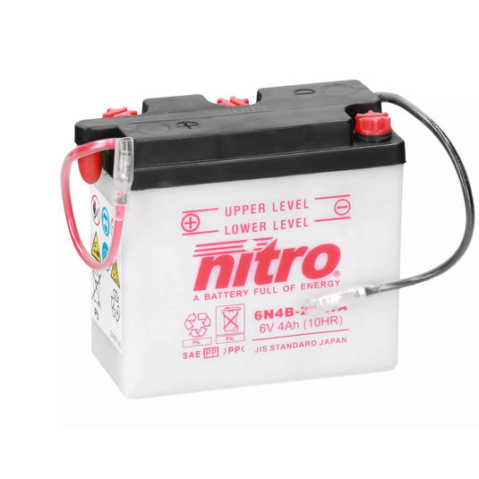 Bateria Nitro 6N4B-2A 6V 4Ah com Eletrólito — bateria ciclomotor moto clássica vintage terminal positivo à esquerda