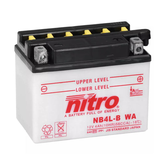 Bateria Nitro NB4L-B 12V 4Ah 56A CCA com Eletrólito — bateria scooter moto chumbo-ácido terminal positivo à direita