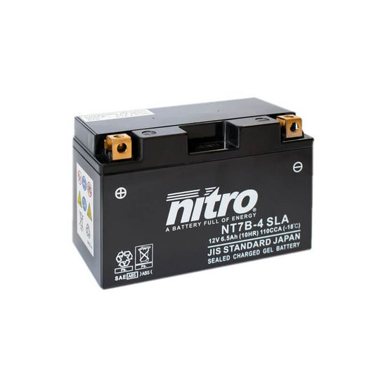 Bateria NITRO NT7B-4 12V 6,5Ah SLA Gel selada para moto – 110A CCA, 150x65x93mm