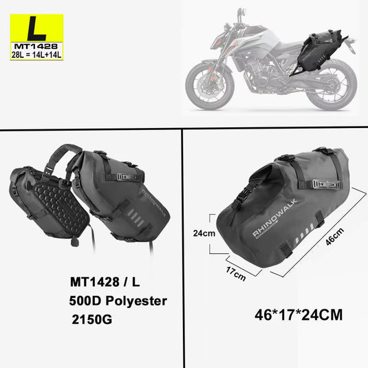 Sacos laterais para moto Rhinowalk 18L/28L/48L - Impermeáveis com sistema de fixação sem suporte