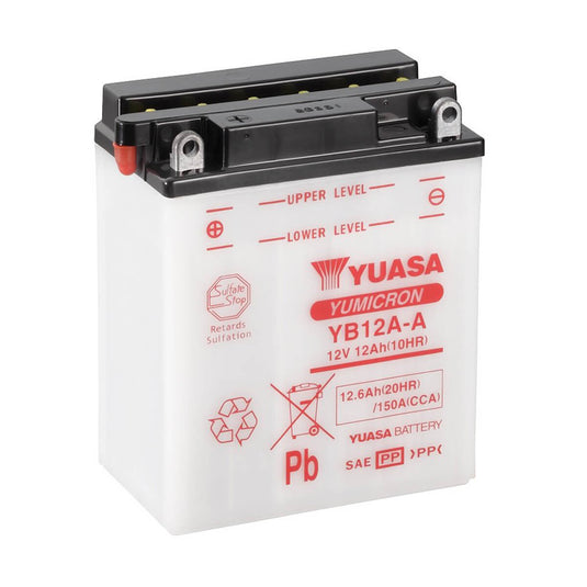Bateria Yuasa YB12A-A 12V 12.6Ah 150A CCA — bateria moto chumbo-ácido terminal positivo à esquerda