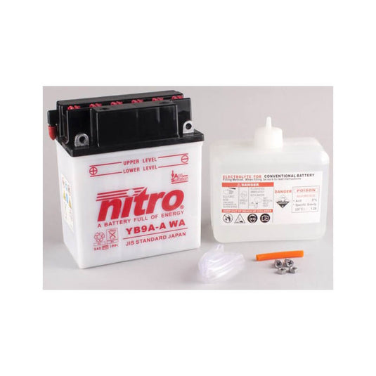 Bateria Nitro NB9A-A 12V 9Ah com Eletrólito — bateria moto média cilindrada scooter chumbo-ácido terminal positivo à esquerda
