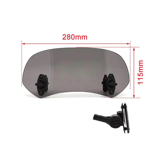 Vista lateral da extensão de parabrisas instalada mostrando ajuste vertical até 110mm