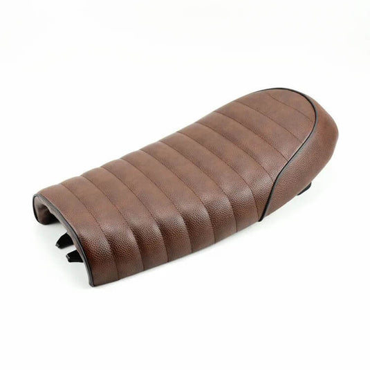 Banco café racer vintage flat castanho com riscas – couro sintético moto clássica