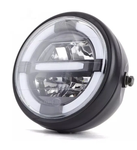 Farol LED homologado com piscas e halo 7 pol 18 cm moto cafe racer